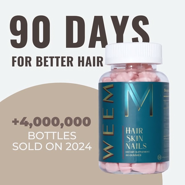A clean, minimalist 1:1 square graphic for a Hair Skin Nails supplement highlighting a 90-day transformation promise and massive social proof.